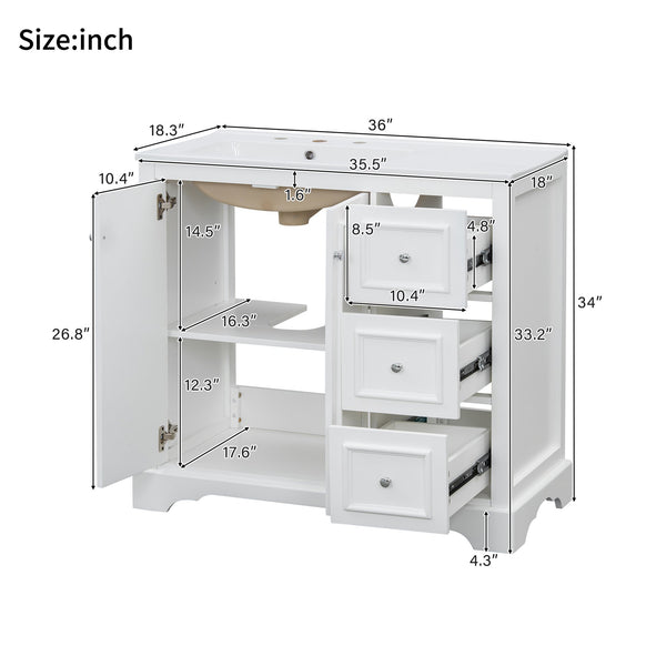 English Elm 36'' Transitional Bathroom Vanity with Ceramic Sink, Solid Wood Frame, Adjustable U-Shelf & Soft-Close Doors White N729P292966K