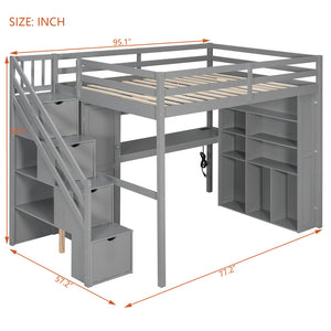 English Elm Full Loft Bed with Integrated Wardrobe Desk Shelving and Led Lighting for Teen Rooms Grey LT000927AAE