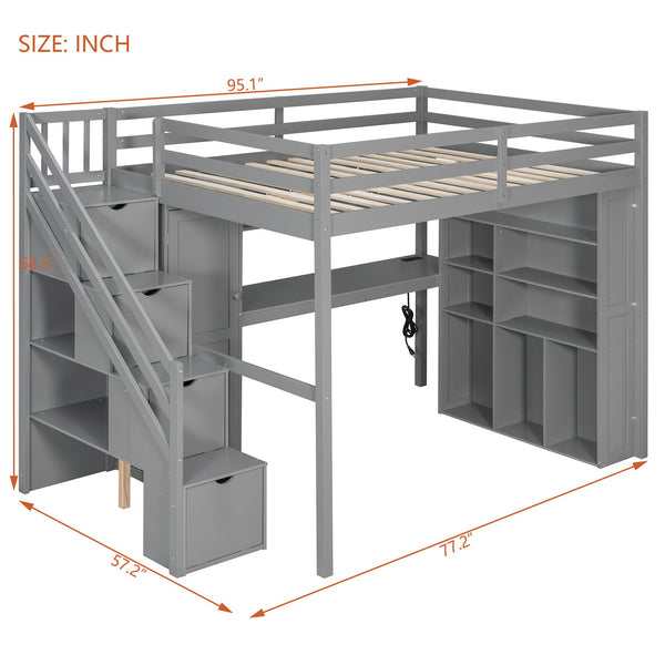 English Elm Full Loft Bed with Integrated Wardrobe Desk Shelving and Led Lighting for Teen Rooms Grey LT000927AAE