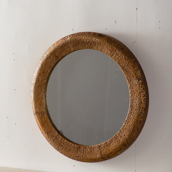English Elm 31.3" Gold Iron Round Mirror Ribbed Texture Rivets Bohemian Accent for Bedroom W3158P407138