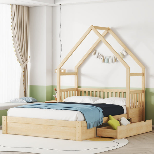 English Elm Wood Queen Size House Platform Bed with Guardrail and 2 Drawers — Charming Kids’ Playful Storage Bedframe Natural GX000726AAN