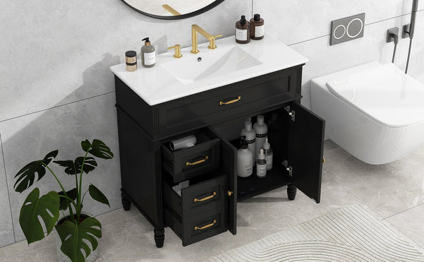 English Elm 36" Modern Bathroom Vanity with Ceramic Sink, Solid Wood + MDF Frame, Sleek Freestanding Design Black N725P195410B
