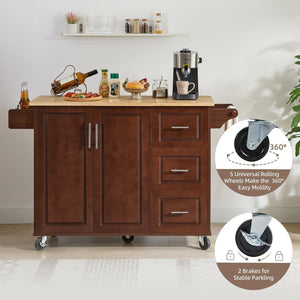 English Elm Kitchen Island Cart with Drop-Leaf Rubberwood Countertop, Rolling Tower Rack, Drawers & Spice Storage Brown W1820P195006