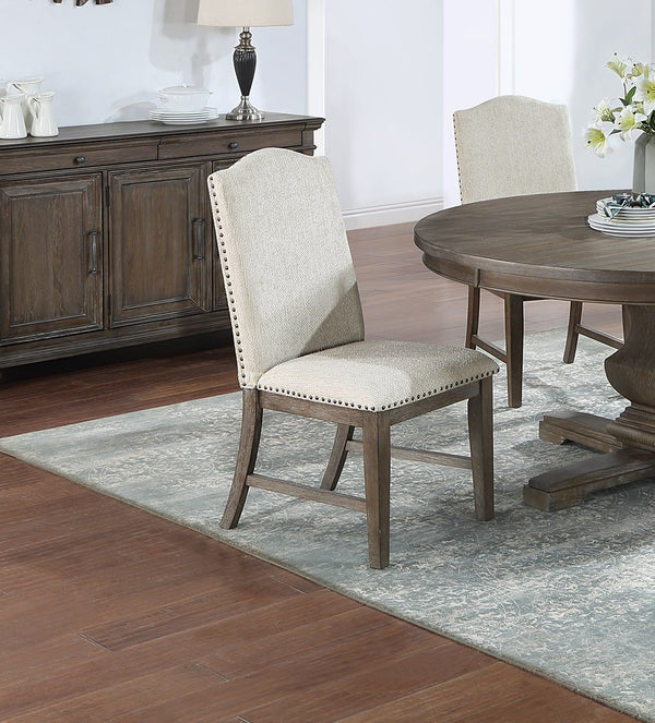 English Elm Traditional High-Back Dining Chairs with Bronze Nailhead Trim, Upholstered Comfort and Solid Wood Legs Beige 22 L x 24 W x 43 H B011P203555