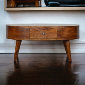 English Elm Chestnut Rounded Coffee Table With Nordic Legs, 2 Drawers For Stylish Living Room Storage & Decor B182P166518