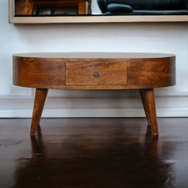 English Elm Chestnut Rounded Coffee Table With Nordic Legs, 2 Drawers For Stylish Living Room Storage & Decor B182P166518