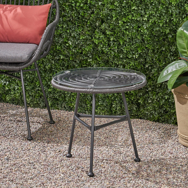 English Elm Orlando Outdoor Faux Rattan Side Table Tempered Glass Top for Deck or Porch 65038.00GRY