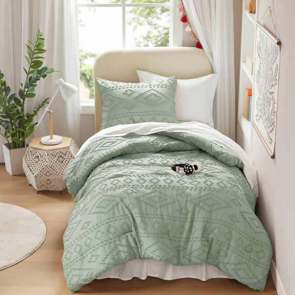 JLA Home 510 Design - Comforter tufted boho mini set with geometric stitch detail, breathable microfiber, OEKO‑TEX certified cozy layer Sage Green AM10-0546