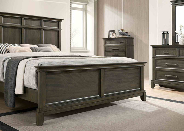 English Elm Bedroom Wooden Queen Bed with High Panel Headboard, Gold Trim Accent, Modern Luxury Design Gray 71 L x 38 W x 9 H B2741S00754