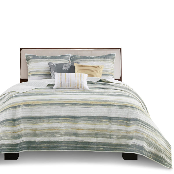 English Elm 6 Madison Park Marina Reversible Quilt Set Full/Queen with Coastal Watercolor Stripes & Embroidered Seashells Yellow 22.44 L x 17.72 W x 5.91 H B03597635