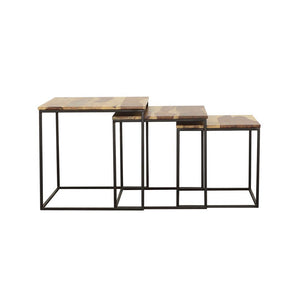 English Elm 3-piece Solid Sheesham Nesting Tables with Natural Grain Tops & Black Iron Frames for Small Spaces B016P384776