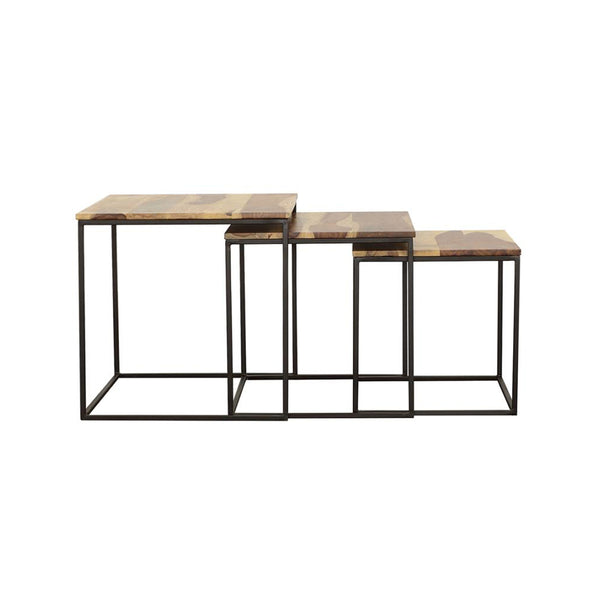 English Elm 3-piece Solid Sheesham Nesting Tables with Natural Grain Tops & Black Iron Frames for Small Spaces B016P384776