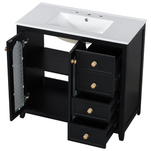 English Elm 36-inch ceramic basin vanity with patterned glass doors, gold round handles & ample storage drawers Black N729P184710B