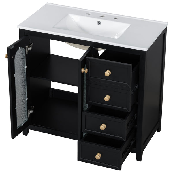 English Elm 36-inch ceramic basin vanity with patterned glass doors, gold round handles & ample storage drawers Black N729P184710B