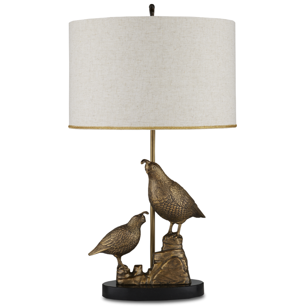 Codorniz Brass Table Lamp - Elegant Quail-Inspired Design with Natural Linen Shade & Black Marble Base