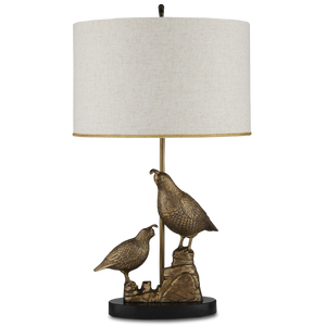 Codorniz Brass Table Lamp - Elegant Quail-Inspired Design with Natural Linen Shade & Black Marble Base