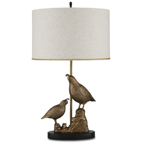 Codorniz Brass Table Lamp - Elegant Quail-Inspired Design with Natural Linen Shade & Black Marble Base