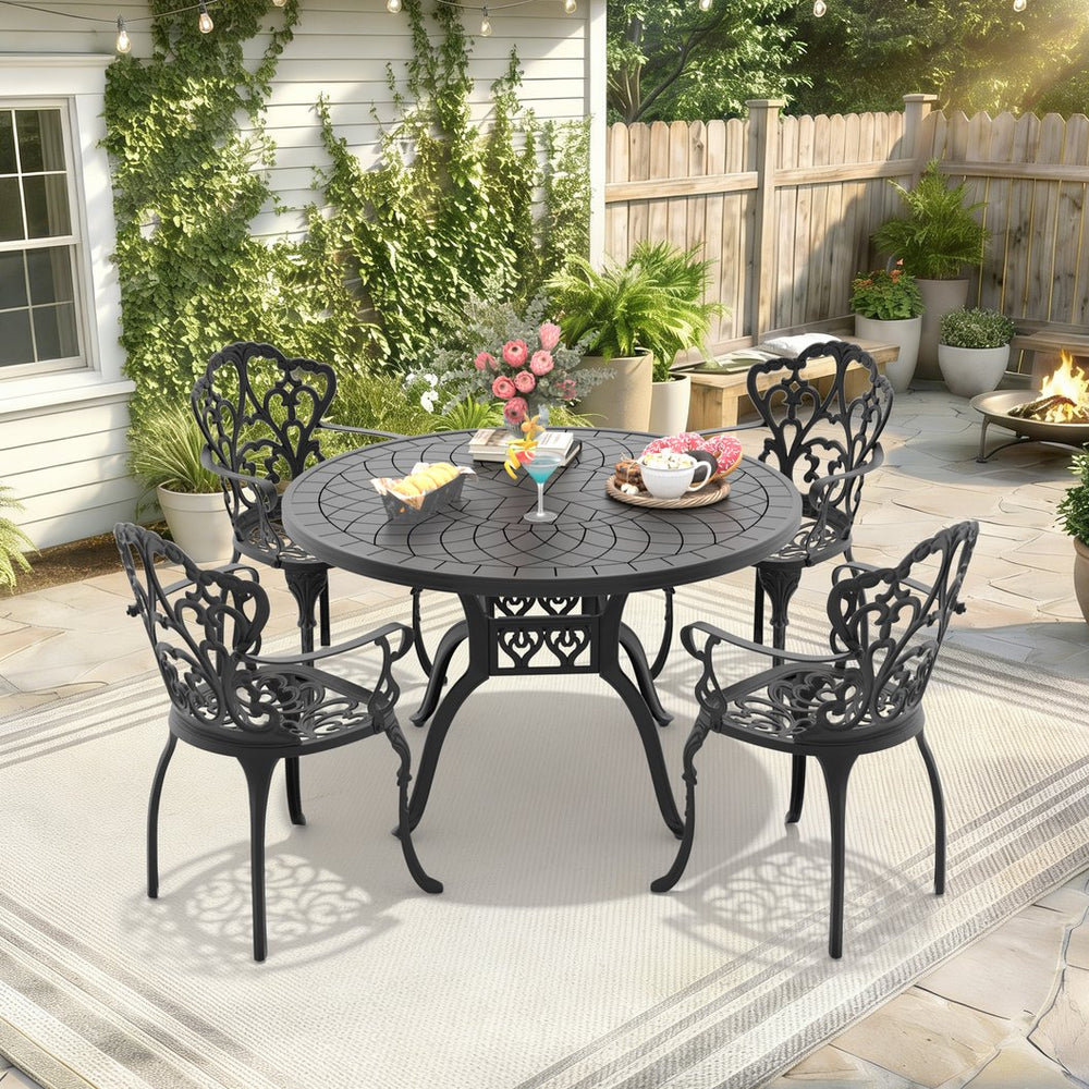 English Elm 5-piece Cast Aluminum Outdoor Dining Set with Ornate Relief Patterned Chairs and Table W1710S00558