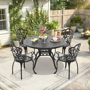 English Elm 5-piece Cast Aluminum Outdoor Dining Set with Ornate Relief Patterned Chairs and Table W1710S00558
