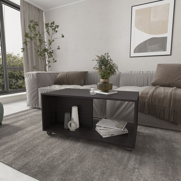 English Elm Gu Elegant Coffee Table with Casters and Open Storage in Wengue — Stylish, Mobile, Functional Design B128P263706