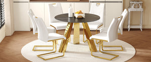 English Elm Table Set: Luxurious 42-Inch Round Sintered Stone Table With 6 Ergonomic White Chairs & Gold Legs W2920S00042-GIGA