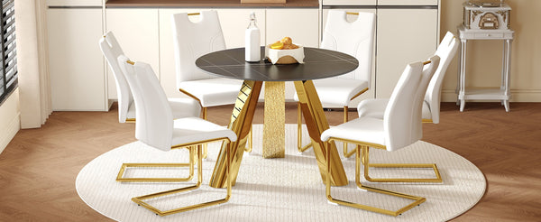 English Elm Table Set: Luxurious 42-Inch Round Sintered Stone Table With 6 Ergonomic White Chairs & Gold Legs W2920S00042-GIGA