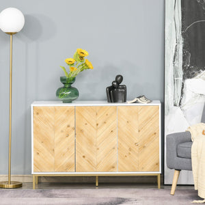 English Elm HOMCOM Rustic Chevron 3-Door Sideboard Buffet with Push-Open Doors, Adjustable Shelves & Metal Legs Natural W2225P217405