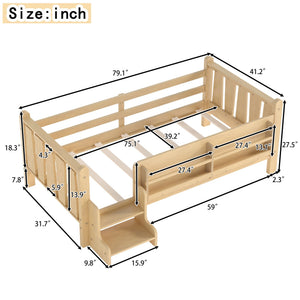 English Elm Twin Pine Floor Bed with Guardrails Built-in Bookcases and Stair Steps for Kids W1580P430184