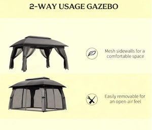 English Elm Large Vented Two-tier Patio Gazebo with Mesh Netting Steel Frame Backyard Shelter Dark Grey T3971P425932