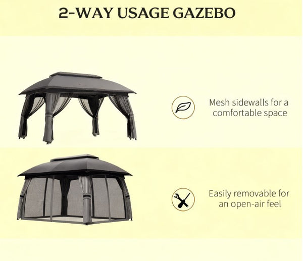 English Elm Large Vented Two-tier Patio Gazebo with Mesh Netting Steel Frame Backyard Shelter Dark Grey T3971P425932