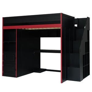 English Elm Gaming Full Loft Bed with Built-in Desk Led Lights and Storage for Teen Rooms N709P004103J
