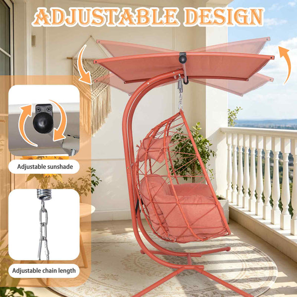 English Elm 2-person Wicker Egg Swing Chair with Canopy Steel Stand Outdoor Patio Lounger T5880P502252