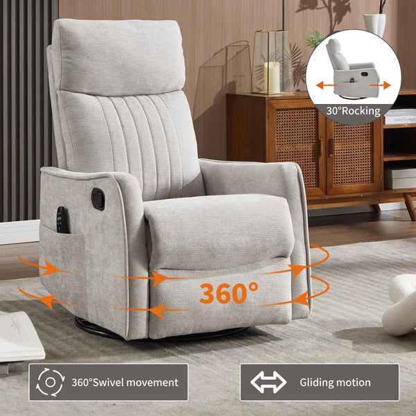 English Elm Blue Fabric Swivel Rocker Recliner with Massage Heat Nodes for Living Room Comfort Light Gray W1803P321838