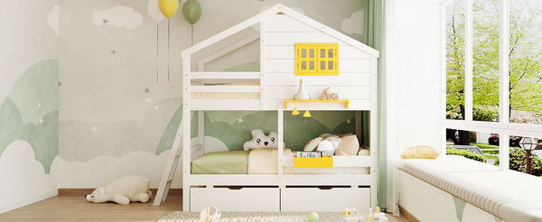 English Elm Twin Playhouse Bunk Bed Pinewood Frame with Pitched Roof Window Shelf and Storage Drawers White LT001608AAK-1
