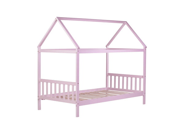 English Elm Twin House Bed with Headboard and Footboard — Space-Saving Rubberwood Frame, Playful Architectural Design Pink W504P225964