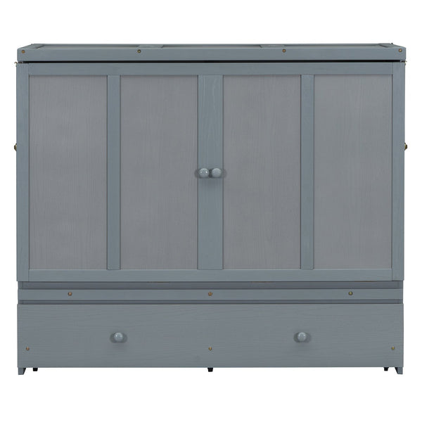 English Elm Full Size Wall Murphy Bed Cabinet with Storage Drawer and Built-in Usb Charging Gray N708P205903E