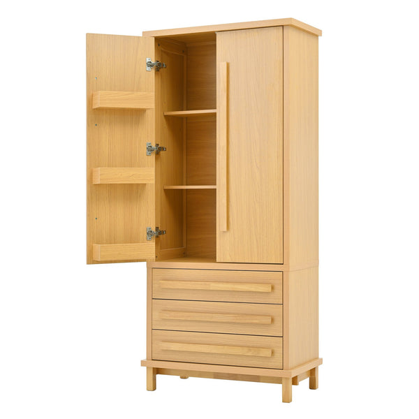 English Elm 70" Tall Pantry Cabinet Rubberwood Legs Three Drawers Six Door Shelves Kitchen Storage Natural N762P326960N
