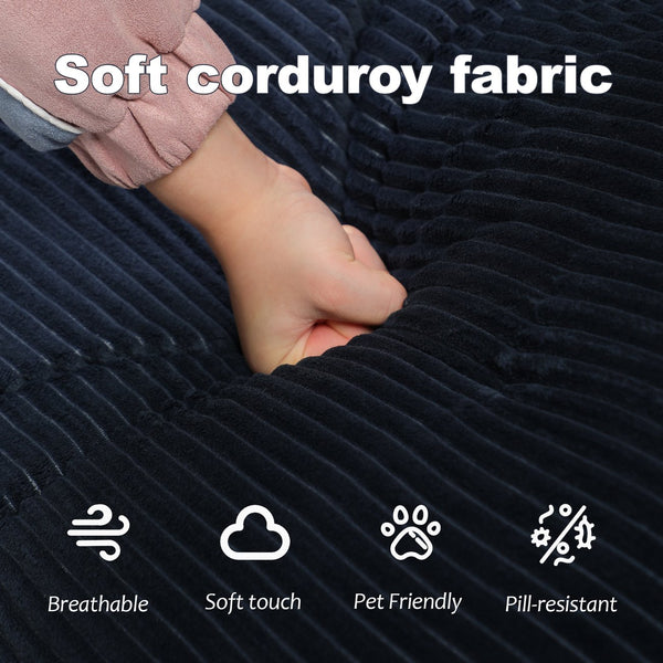 English Elm Compression Human Dog Sofa Bed 3-in-1 Folding Corduroy Floor Couch with Memory Foam Pillow for Living Room Dark Blue W3723P376785