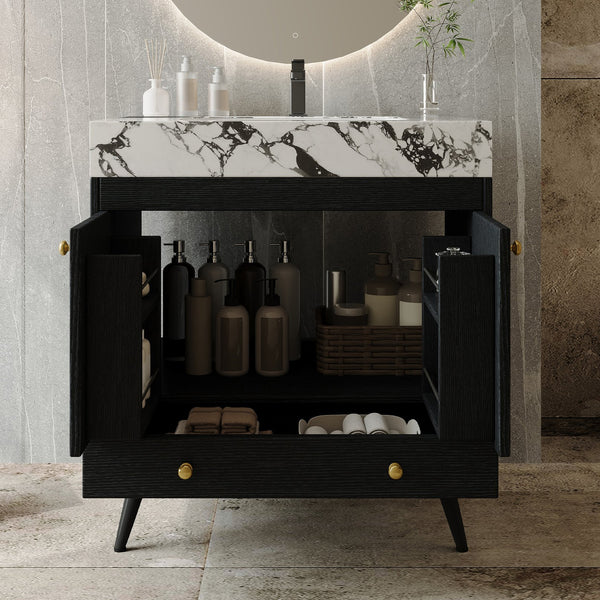 English Elm Contemporary Freestanding Bathroom Vanity Sintered Stone Top Ceramic Sink Steel Legs W3136S00063
