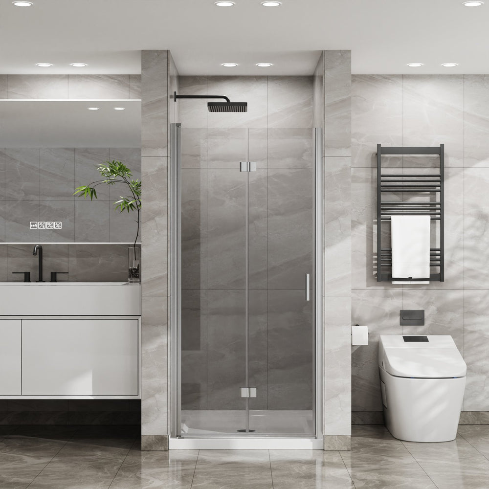 English Elm Goodyo 34"X72" Space-Saving Bifold Frameless Glass Shower Door & White Acrylic Base Combo Set W1223S00020