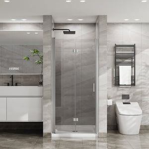 English Elm Goodyo 34"X72" Space-Saving Bifold Frameless Glass Shower Door & White Acrylic Base Combo Set W1223S00020