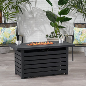 English Elm Rectangular Iron Propane Fire Table with Hidden Tank Storage and 30000 Btu Output 66597.00BLK-30K