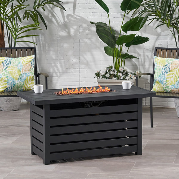 English Elm Rectangular Iron Propane Fire Table with Hidden Tank Storage and 30000 Btu Output 66597.00BLK-30K