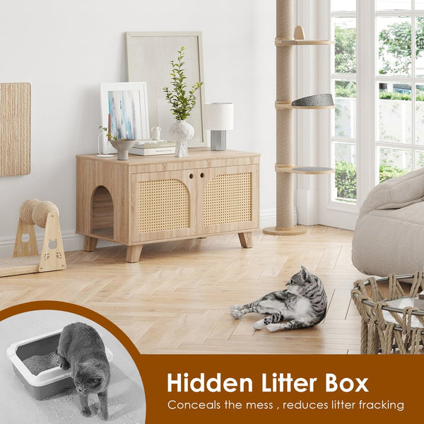 English Elm Flip Top Hidden Cat Litter Box Enclosure with Rattan Doors, Flip-Top Access, Odor Control, Stylish Table Ready Natural T3623P354971