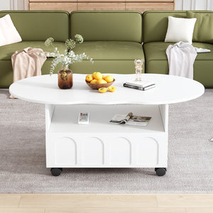 English Elm Flexible Cream Style Coffee Table With 2 Brake Wheels, Cloud Top Side Table With Drawer, Irregular Center Table With Large Storage For Living Room, White, 39.37''X 23.6''