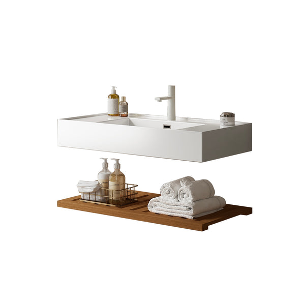 English Elm LEDE 36" Bathroom Vanity with Integrated Glossy Acrylic Vessel Sink, Wall-Mounted Dark Walnut Shelf Organizer W2615P257450