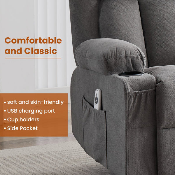 English Elm Swivel Rocker Recliner with Massage Heat and Usb Port for Living Room Comfort W1521P429639
