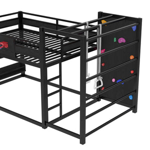 English Elm Twin Metal Loft Bed with Slide Basketball Hoop Climbing Wall and Built-in Shelves W1580S00343