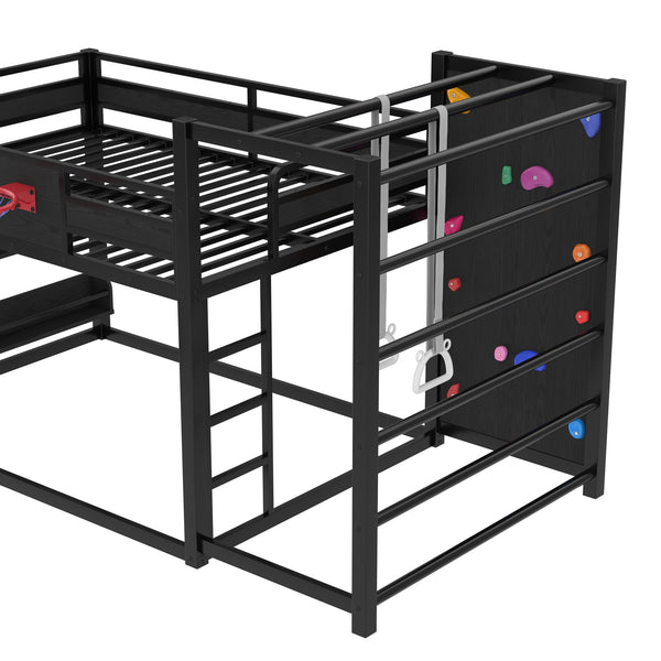 English Elm Twin Metal Loft Bed with Slide Basketball Hoop Climbing Wall and Built-in Shelves W1580S00343