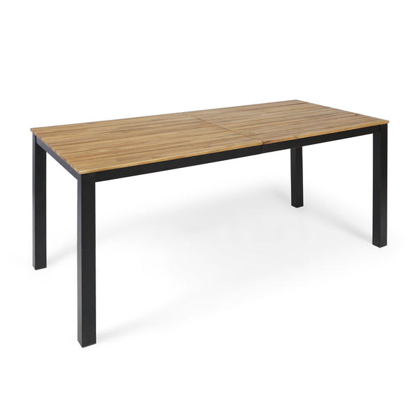 English Elm Christopher Knight Home® - Rectangular Acacia Wood Outdoor Dining Table 71" — Teak Finish Slatted Top, Black Iron Legs, Durable Elegance 64274.00